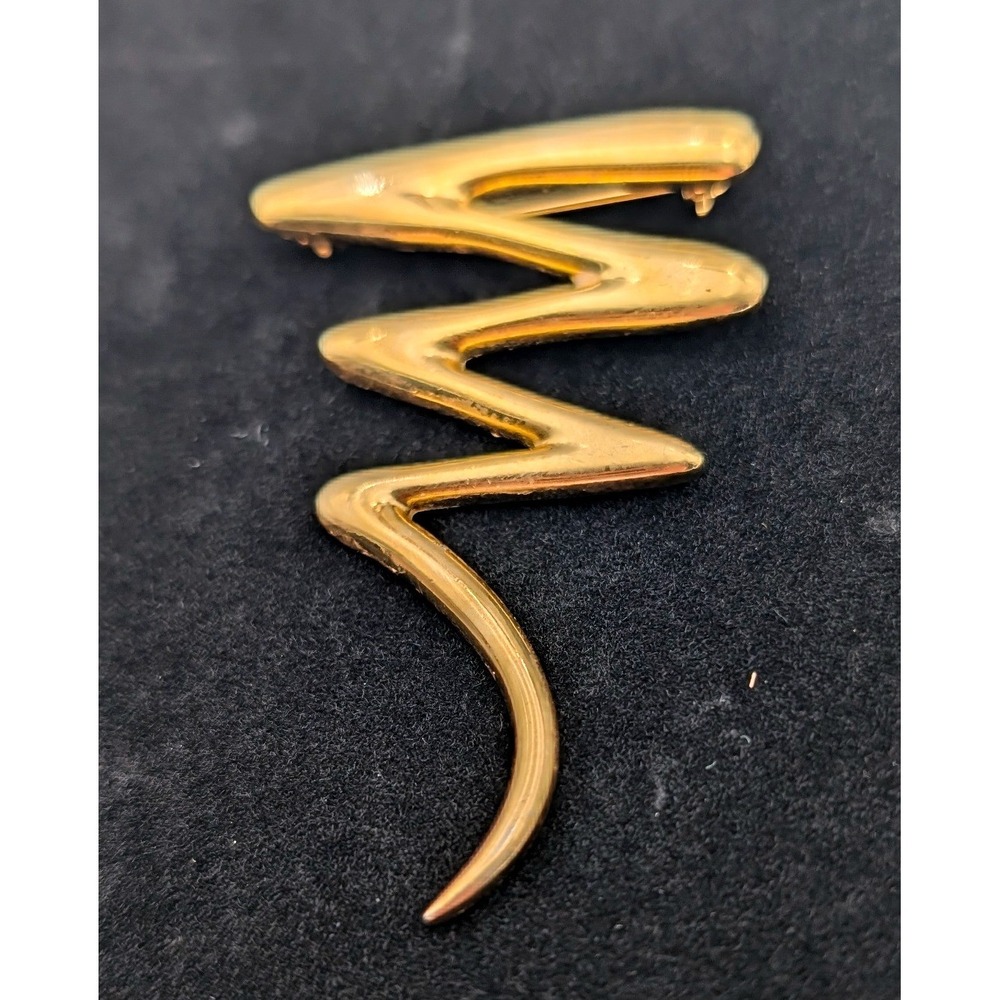 Vintage Gold Tone Zigzag Abstract Brooch Pin Modernist Geometric Wave 2.75"